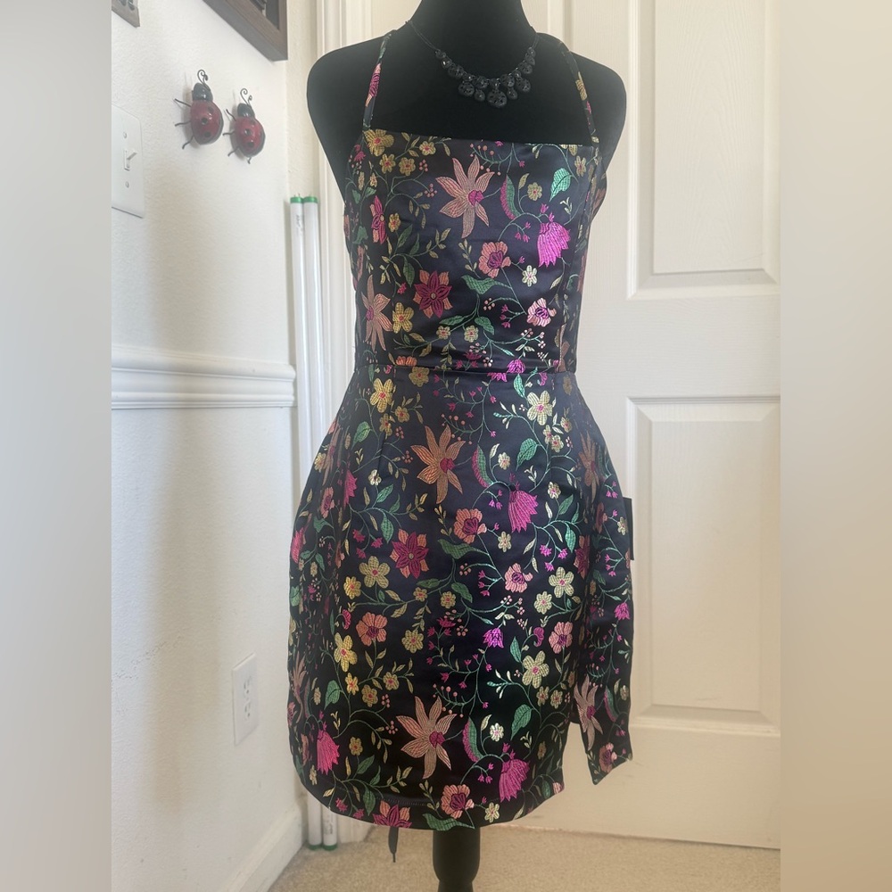 Lulu's Vibrant Black Satin Floral Mini Dress with Side Slit